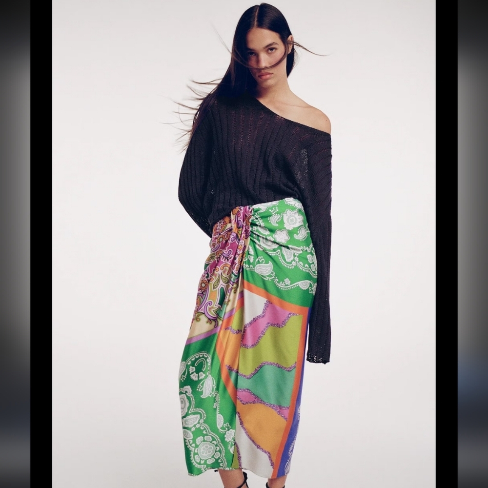 Zara Multicolor Abstract Print Skirt - Orange/Blue Medium NWT